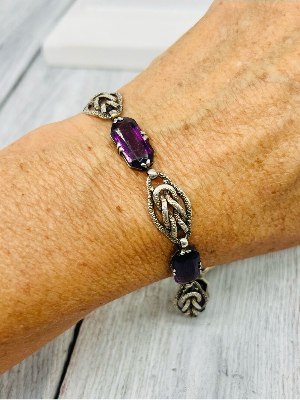 386. 1800s Victorian Era European 800 Silver Amethyst Faceted Glass Bracelet